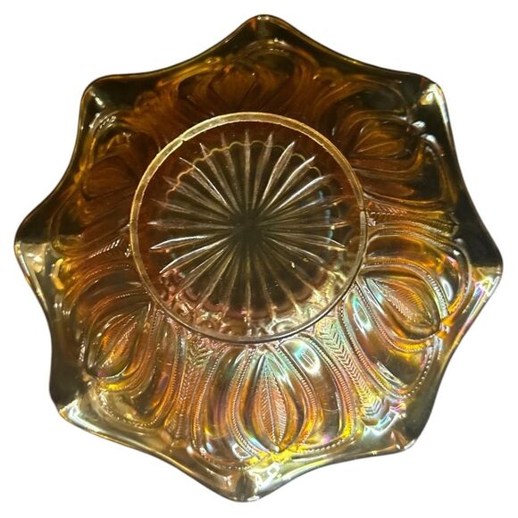 Vintage 70s Amber/Marigold Carnival Glass Bowl w Herringbone Ruffled Edge - Picture 5 of 11